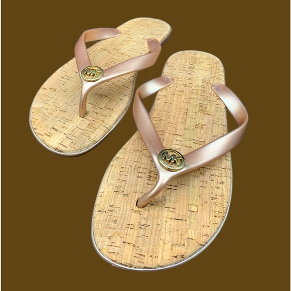 MK Michael Kors Jet Set Jelly Flip Flop Sandals Pink Champagne Straps PVC/Cork 7 - Picture 4 of 8